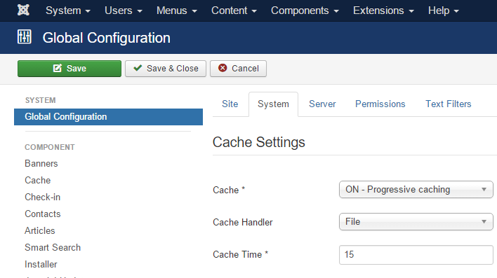 joomla cache configuration