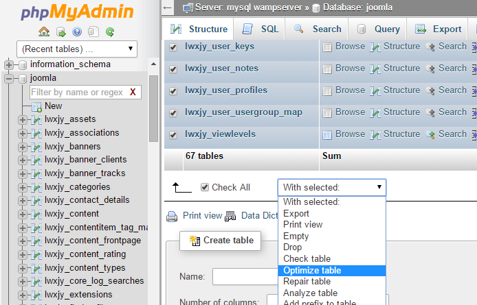 joomla mysql optimize tables