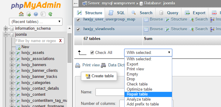 joomla mysql repair tables