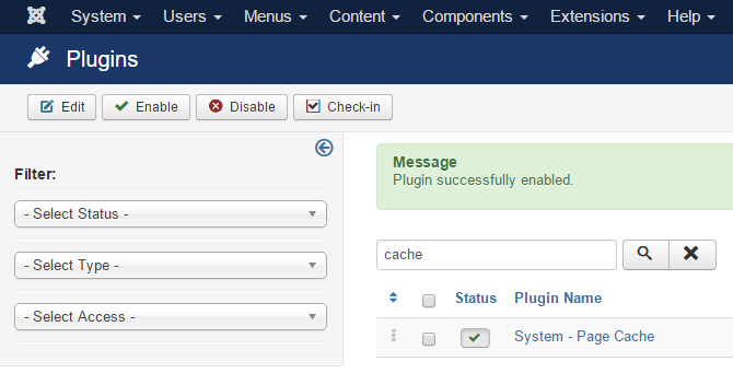joomla page cache plugin