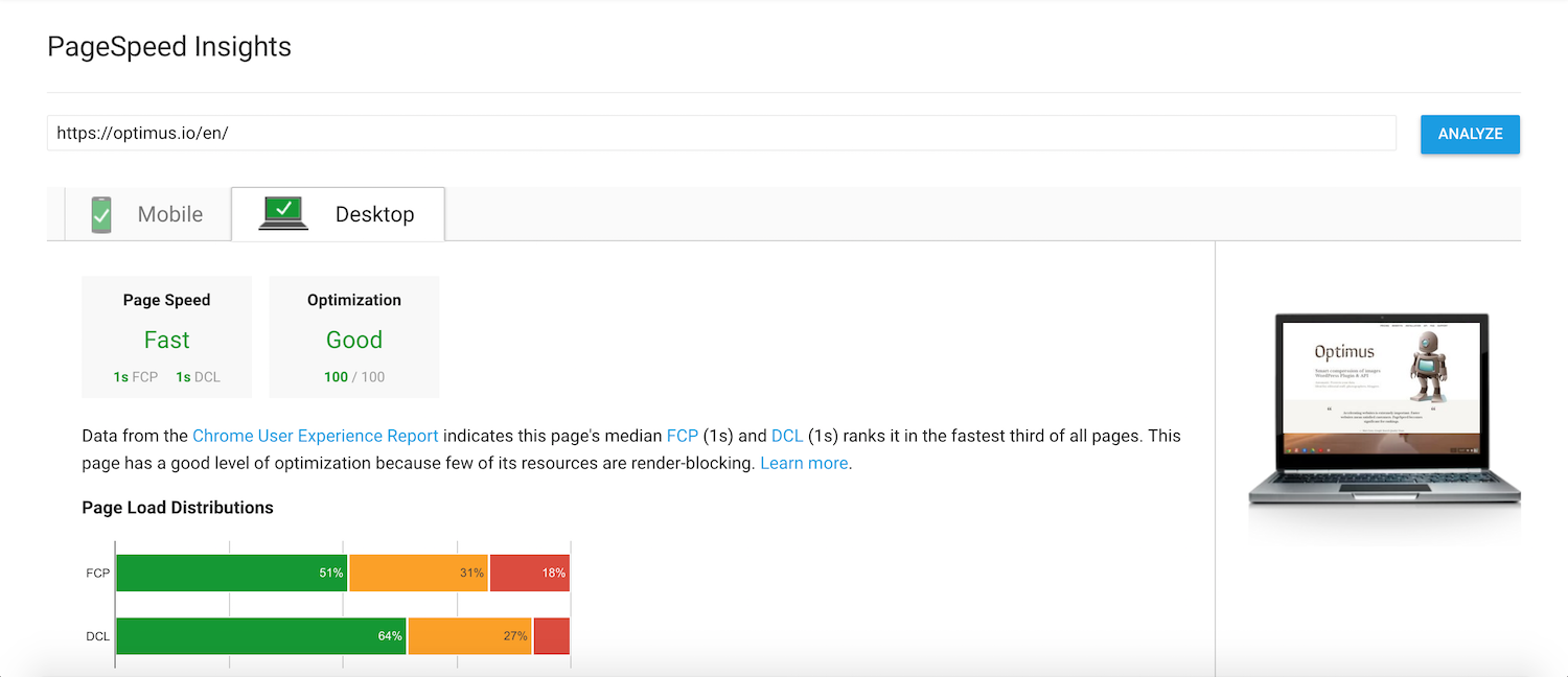 optimus pagespeed insights 100 score