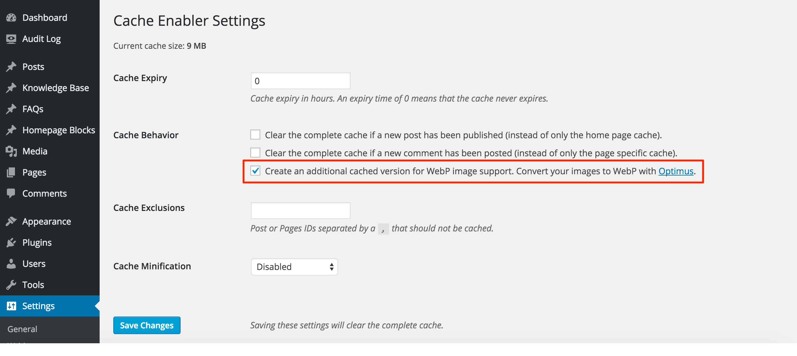 Cache Enabler WebP Settings