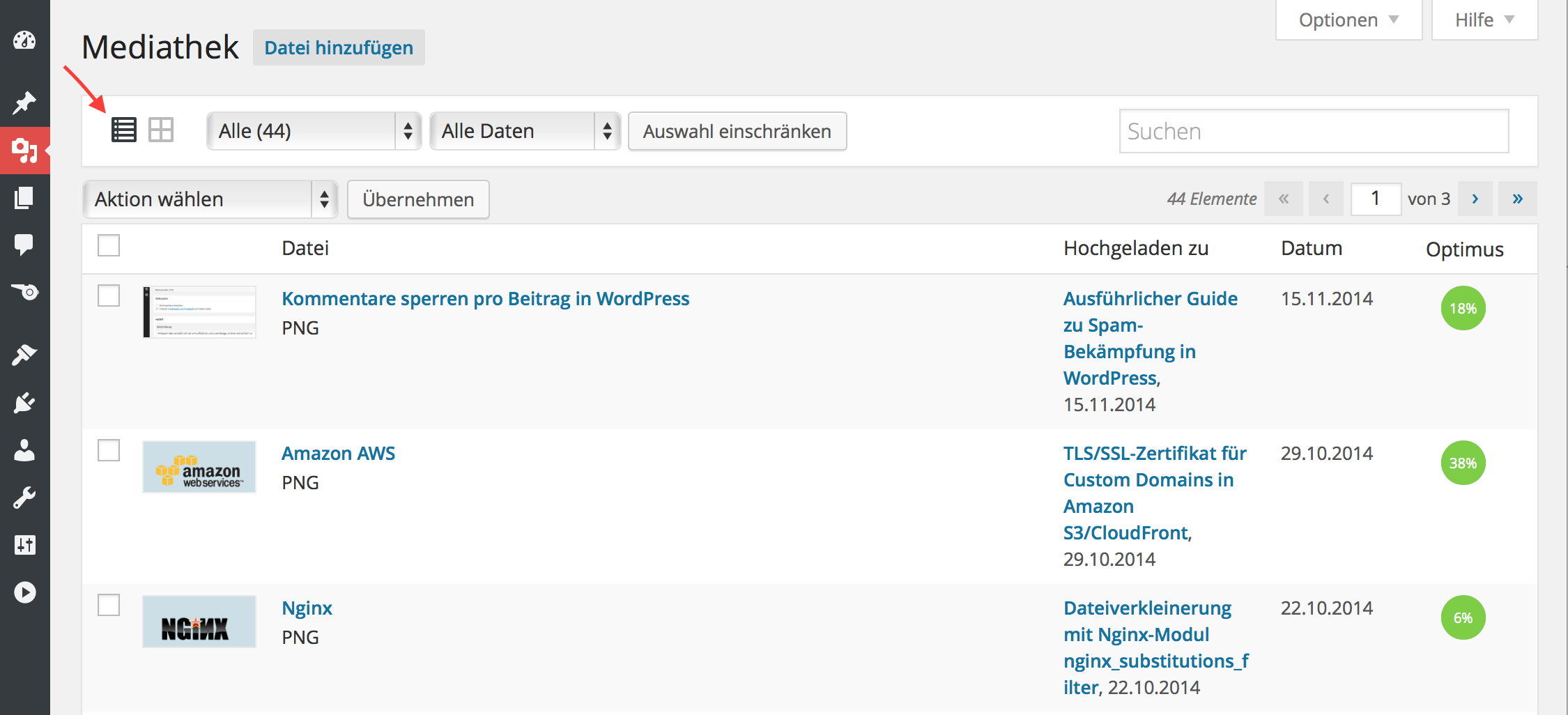 optimus column in the wordpress media library circle